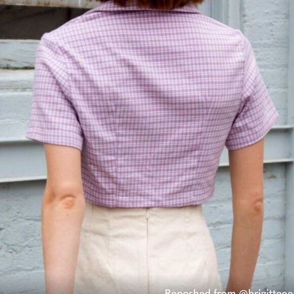 John Galt Size XS Brandy Melville Vivian Top Purple Plaid Preppy Collared Crop - Picture 3 of 12